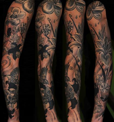 Tattoos - Black and Grey Flowers, Feathers and Bird Tattoo - 82202